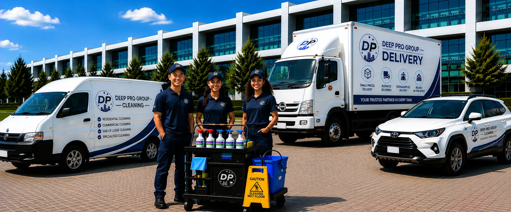 Deep Pro Group About Us banner showing cleaning and delivery vehicles